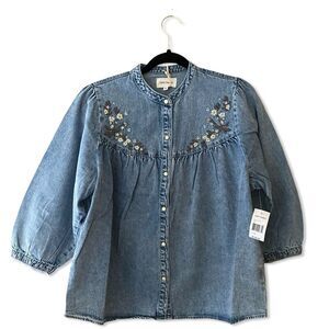DRIFTWOOD Light Blue Denim Top embroidered peasant blouse chambray NWT M